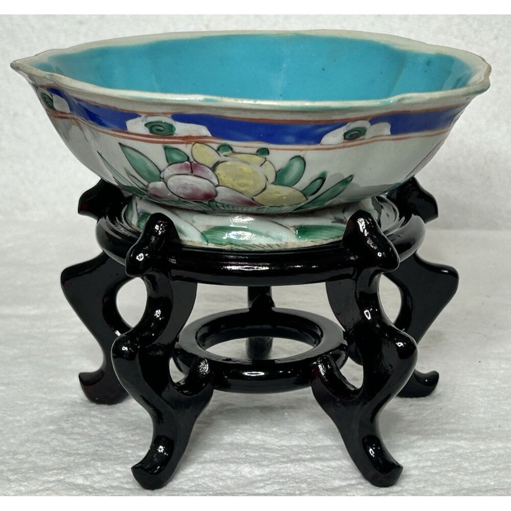 Antique Chinese Tongzhi Hexagonal Footed Bowl Turquoise inner 7x3 and Wood Stand